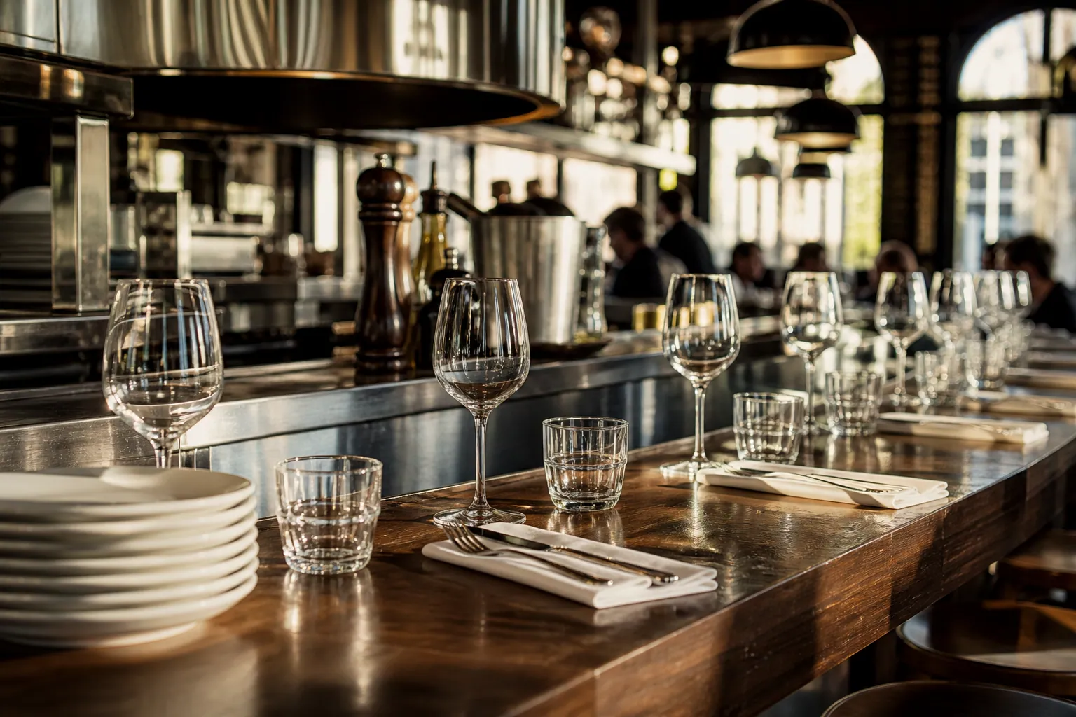 Comptoir de brasserie avec assiettes, verres et détails en inox
