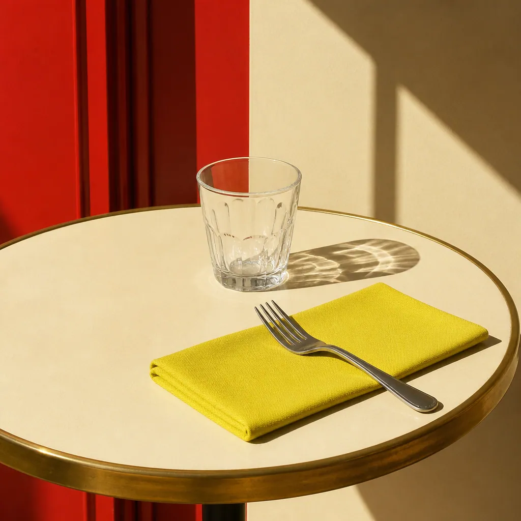 Verre et couvert sur une petite table de brasserie éclairée par le soleil