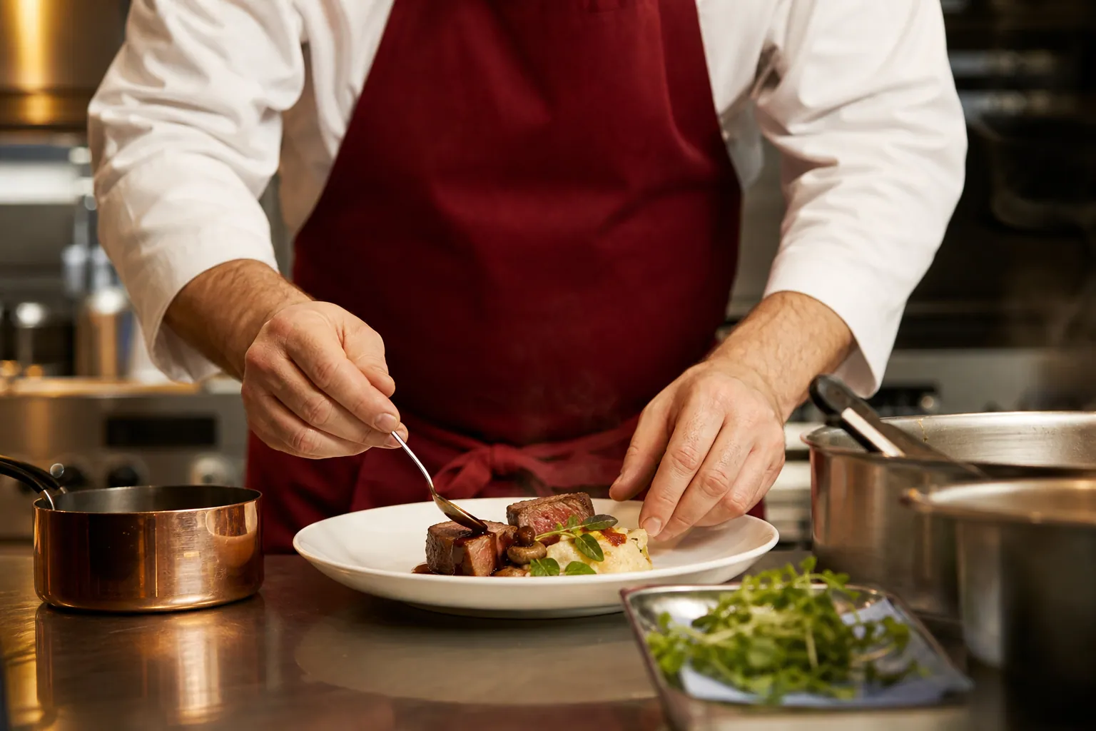 Cuisinier dressant une assiette dans une cuisine lumineuse