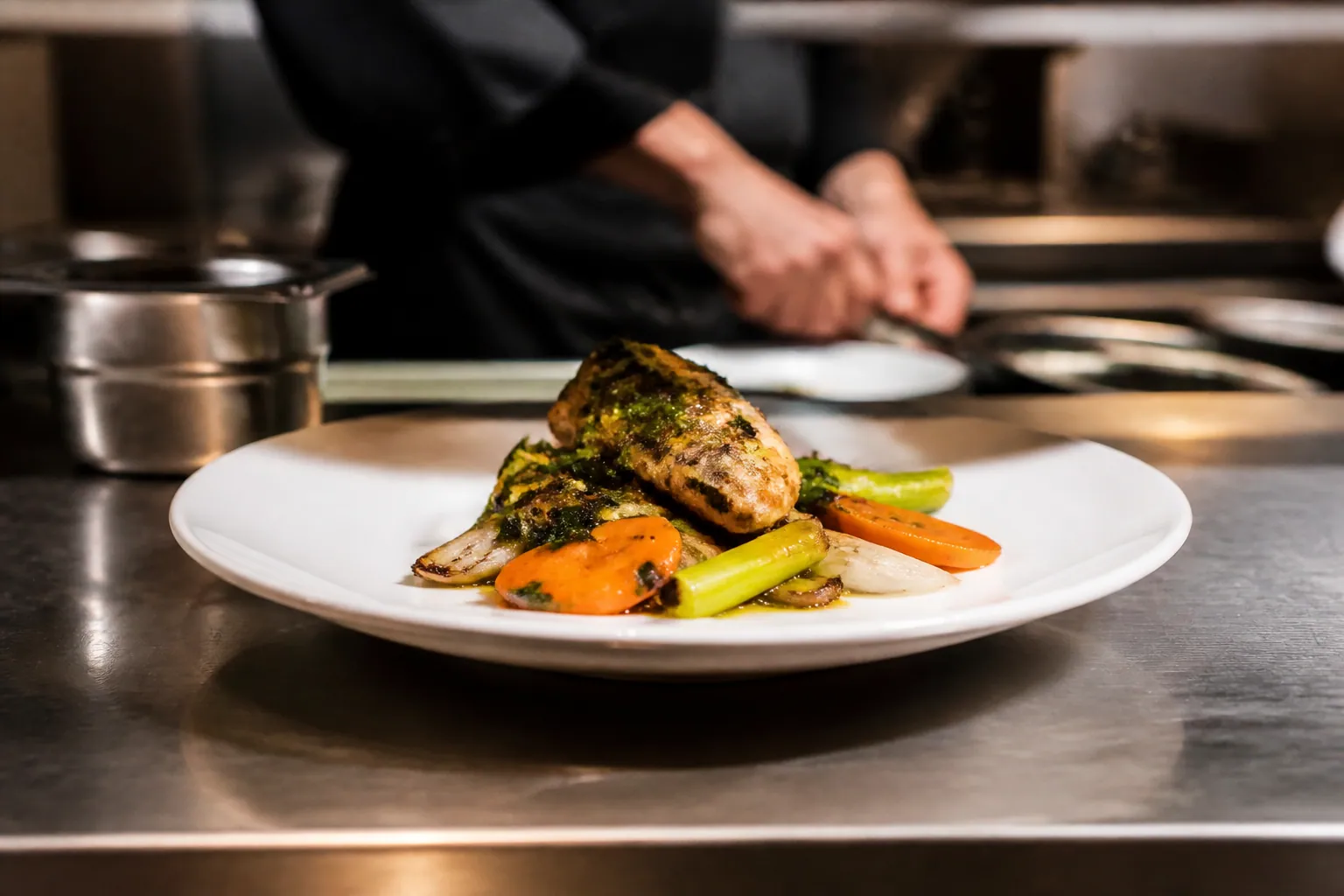 Plat fraîchement dressé au passe d'une cuisine de brasserie
