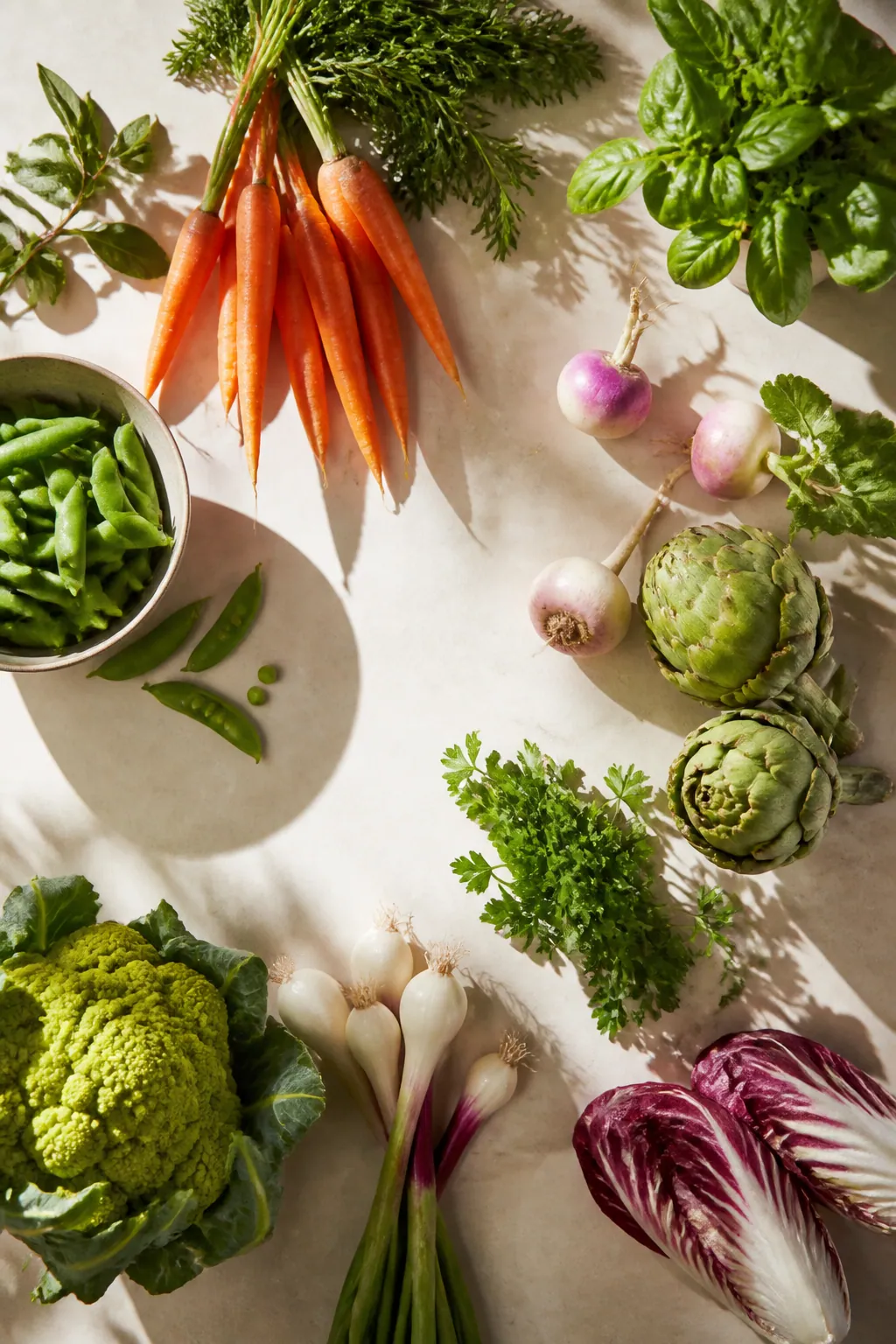 Sélection de légumes frais et d'herbes disposés sur un plan de travail